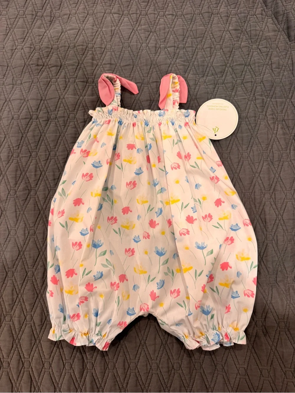 Infant Floral Bubble Romper with Pink Trim